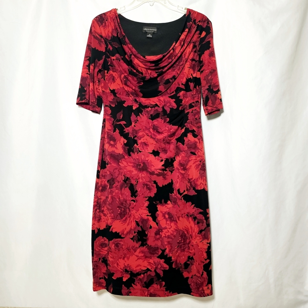 Connected Apparel Womens Red Black Floral Cowl Ruched Dress Size 12